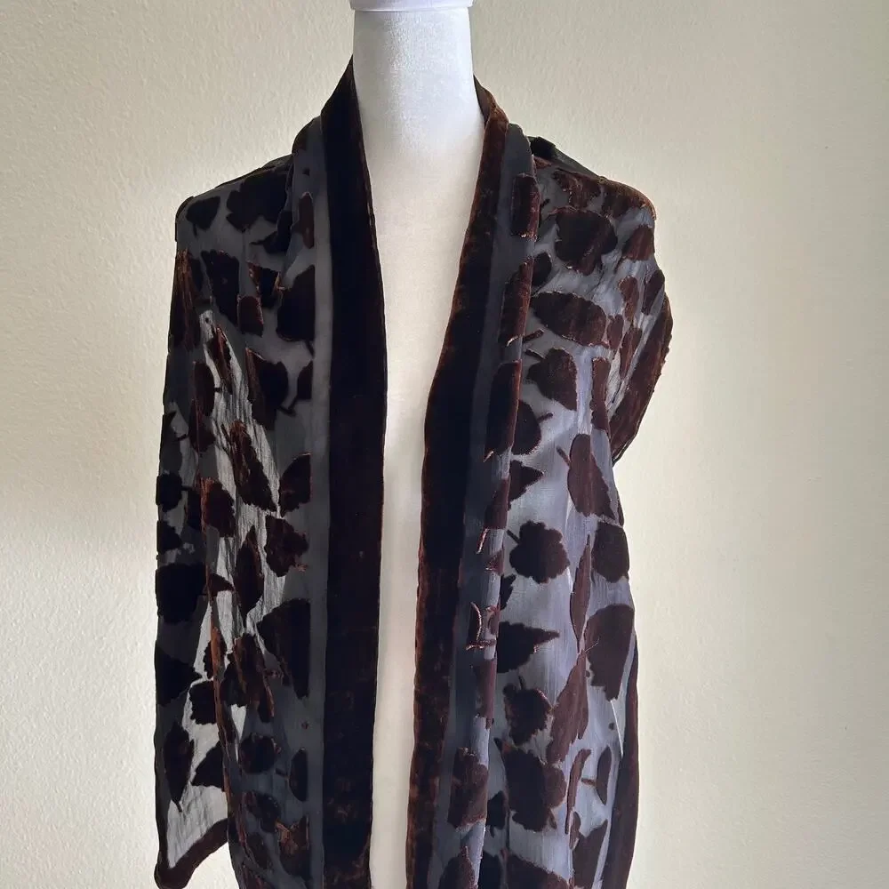 Silk Velvet Burnout Scarf Brown Leaf Floral Wrap Sheer Luxury Shawl Elegant